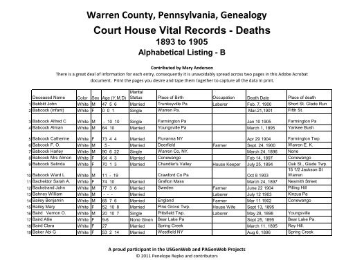 Warren County, Pennsylvania, Genealogy Court House Vital Records