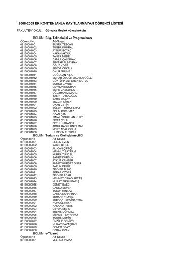 2008-2009 EK KONTENJANLA KAYITLANMAYAN OĞRENCİ LİSTESİ