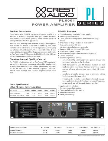 PL6001 Specifications - Crest Audio