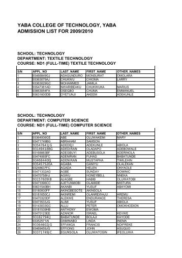 yaba college of technology, yaba admission list for 2009/2010