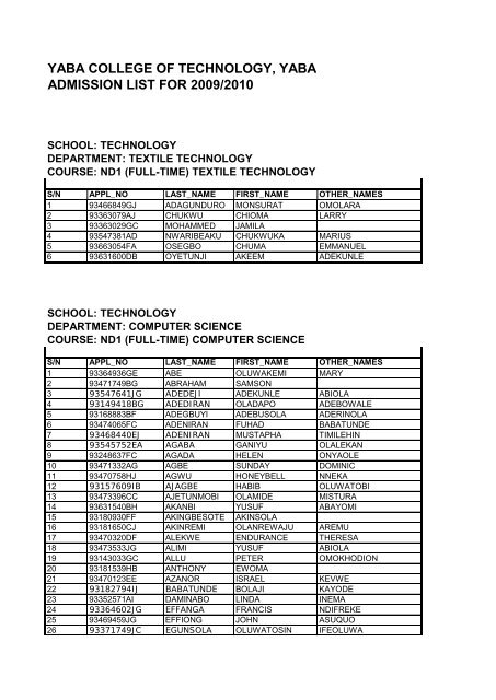 yaba college of technology, yaba admission list for 2009/2010