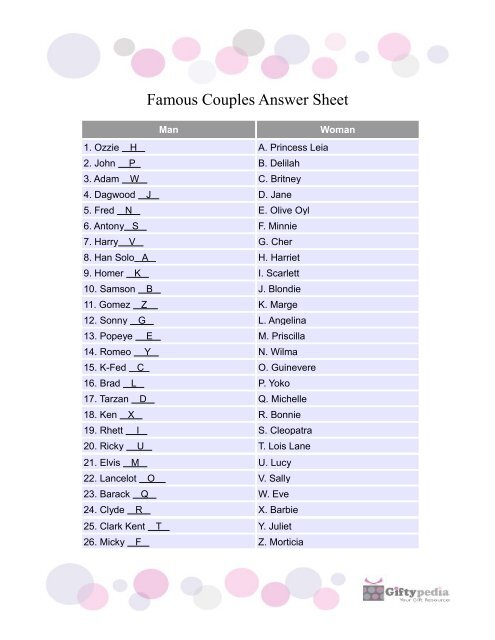 Famous Couples Answer Sheet Giftypedia