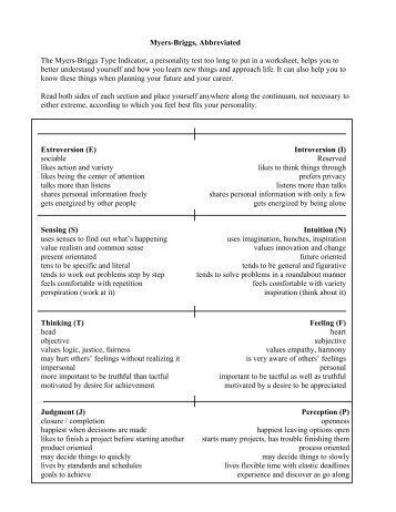 Myers-Briggs, Abbreviated The Myers-Briggs Type Indicator, a ...