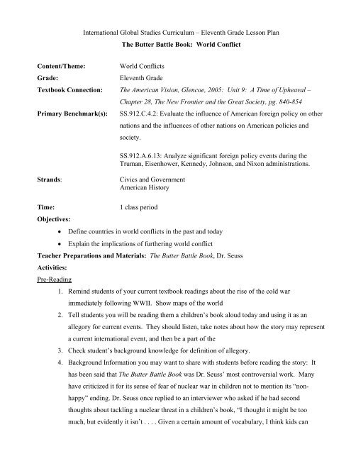Eleventh Grade Lesson Plan The Butter Battle Book The School