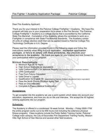 Fire Fighter 1 Academy Application Package Palomar College