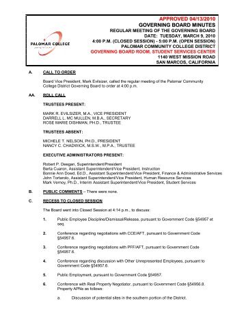 approved 04/13/2010 governing board minutes - Palomar College