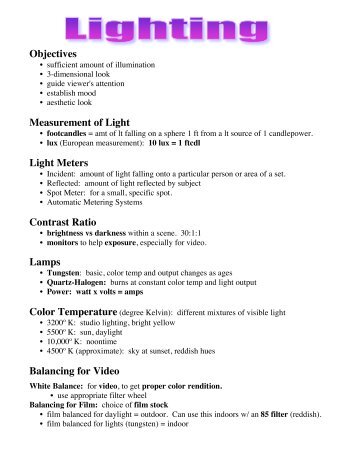 Objectives Measurement of Light Light Meters Contrast Ratio Lamps ...