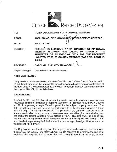 Request to Eliminate a 1991 Condition of Approval, thereby ...