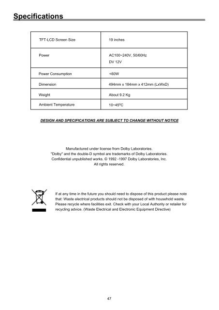 LCD TV/DVD COMBO TFTV1950DT USER'S MANUAL - Palsonic