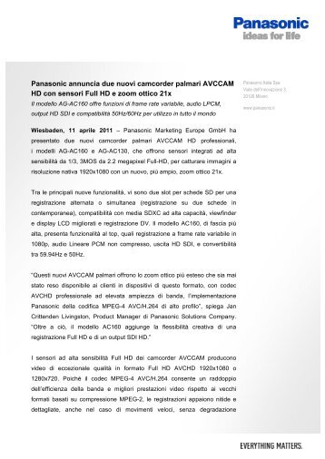 Panasonic annuncia due nuovi camcorder palmari AVCCAM HD ...