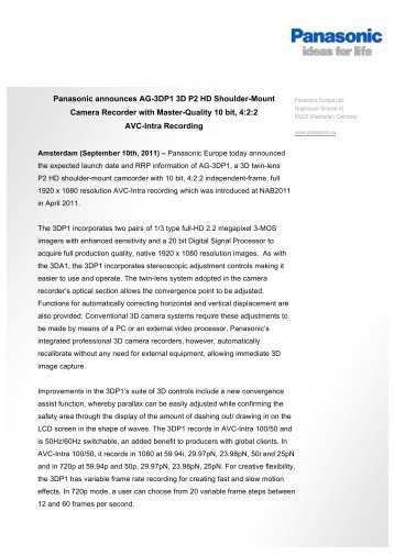 Panasonic announces AG-3DP1 3D P2 HD Shoulder-Mount ...
