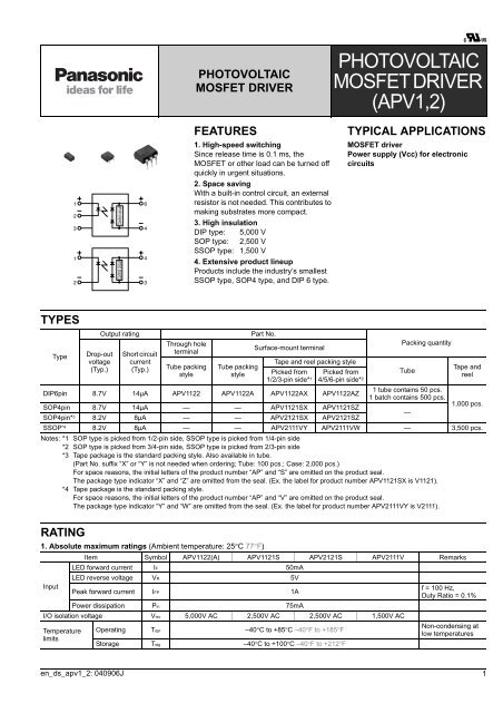 photovoltaic mosfet driver - Panasonic Electric Works Europe AG