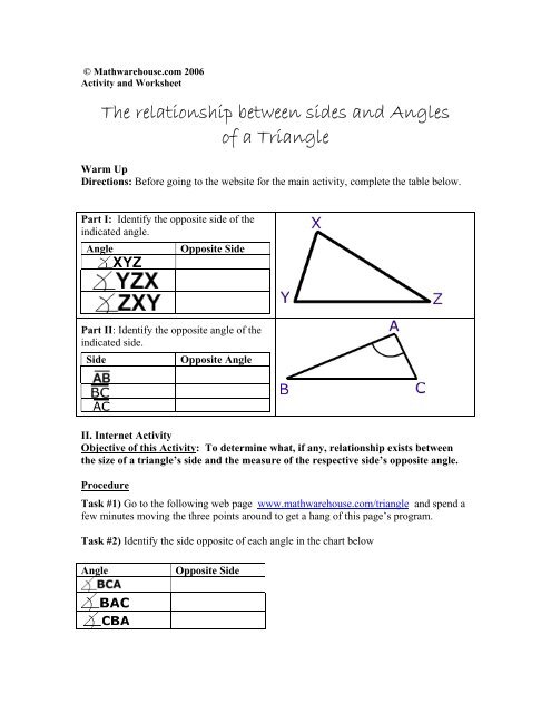 Activity and Worksheet The relationship between ... - Math Warehouse