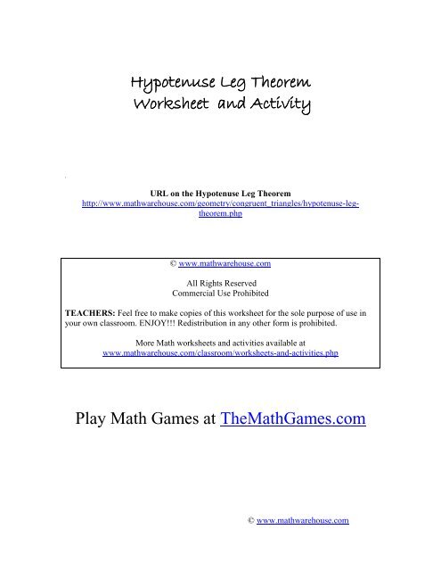 Hypotenuse Leg Theorem Worksheet and Activity ... - Math Warehouse