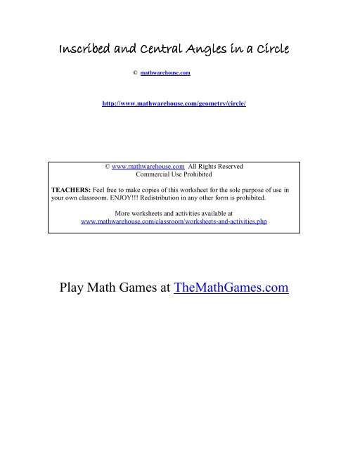 Inscribed and Central Angles in a Circle Play ... - Math Warehouse