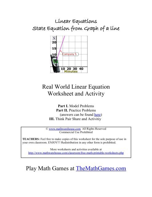 Real World Linear Equation Worksheet and Activity - Math Warehouse