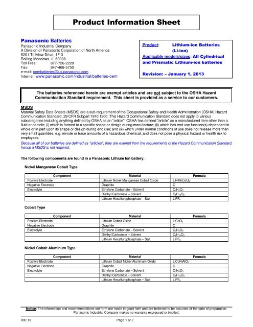 Lithium Ion Product Information Sheet - Inspired Energy