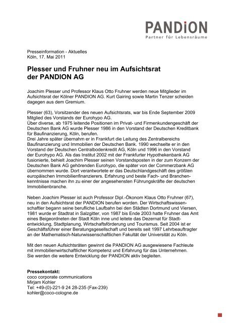 Plesser und Fruhner neu im Aufsichtsrat der PANDION AG