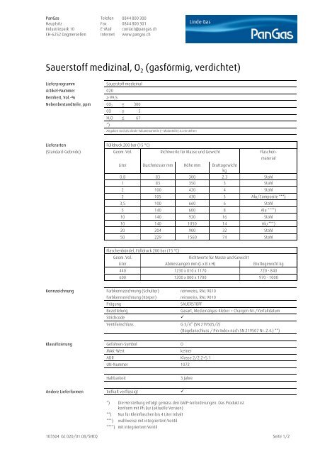 Sauerstoff medizinal, O2 (gasförmig, verdichtet) - PanGas