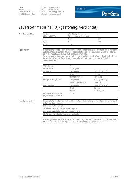 Sauerstoff medizinal, O2 (gasförmig, verdichtet) - PanGas