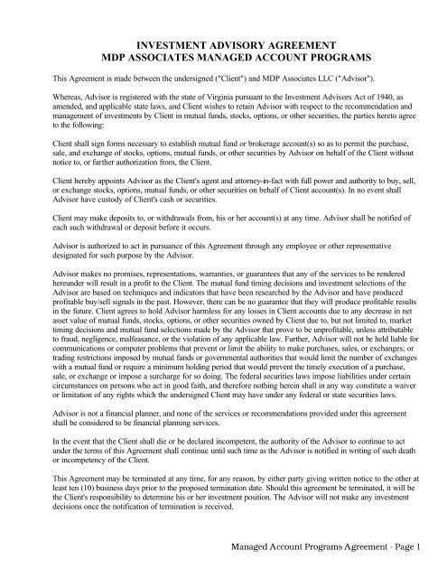 Investment Advisory Agreement Mdp Associates Managed Account