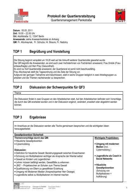 Protokoll der Quartiersratsitzung - Quartier Pankstrasse