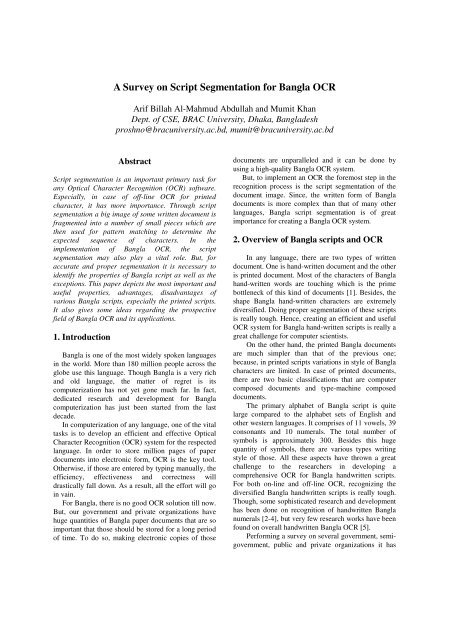 A Survey On Script Segmentation For Bangla Ocr