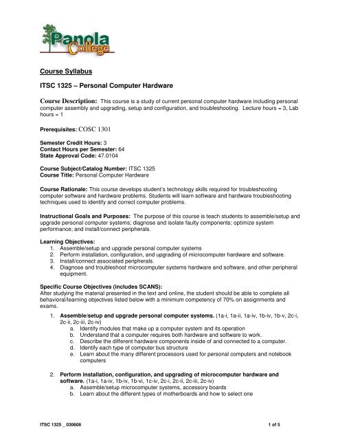 Course Syllabus Itsc 1325 A Personal Computer Panola College