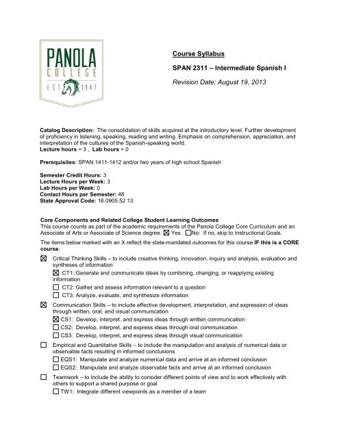 Revised January, 2013 Course Syllabus SPAN 2311 â Intermediate ...
