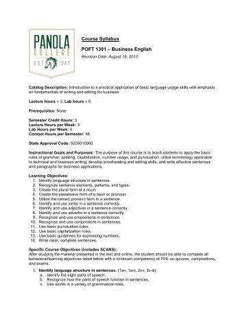 Course Syllabus POFT 1301 â Business English - Panola College