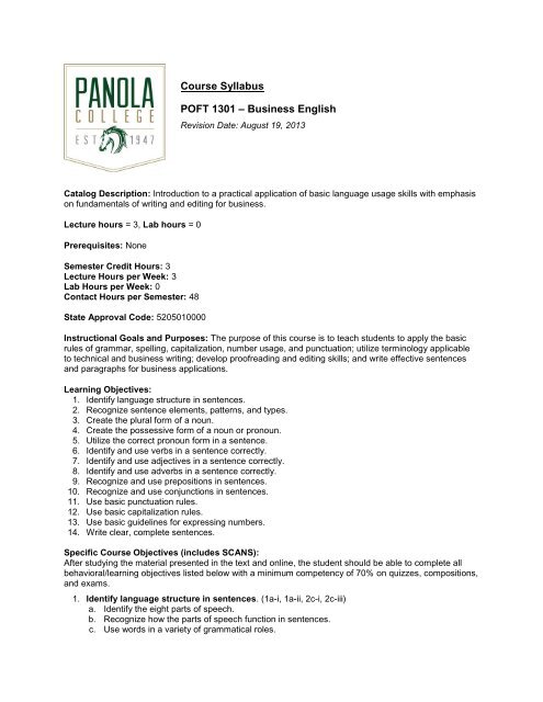 Course Syllabus POFT 1301 â Business English - Panola College