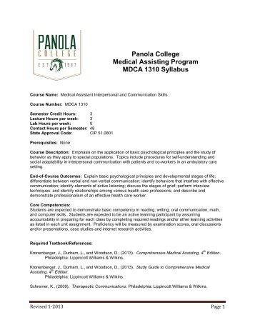 Panola College Medical Assisting Program MDCA 1310 Syllabus