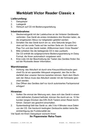 Kurzanleitung Victor Reader Classic - FH Papenmeier GmbH & Co ...