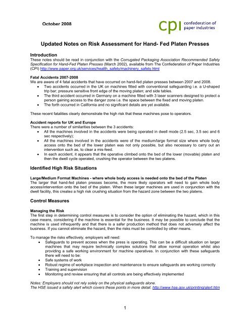 Updated Notes on Risk Assessment for Hand- Fed Platen Presses