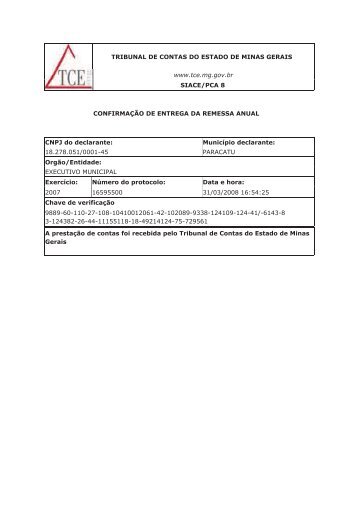 2007 - PrestaÃ§Ã£o de Contas Anual - Prefeitura Municipal de Paracatu