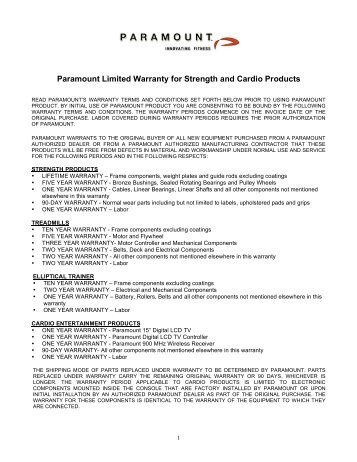 Paramount Limited Warranty for Strength and Cardio Products