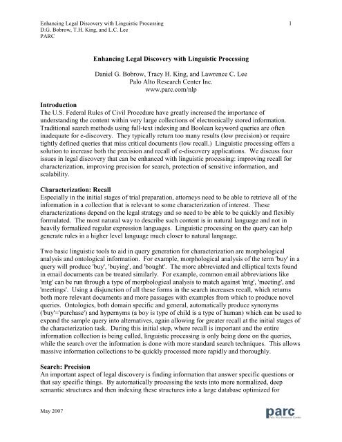 PARC Linguistic Processing position paper