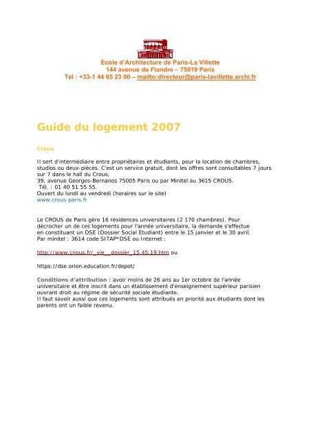 Guide du logement - Ecole Nationale SupÃ©rieure d'Architecture de ...