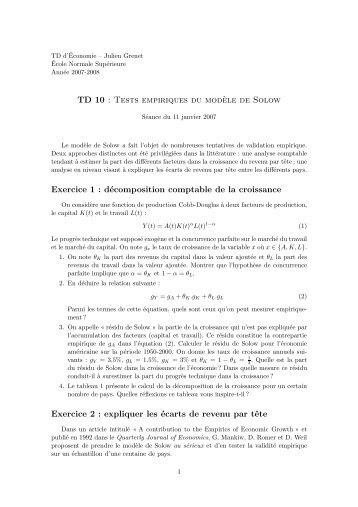 TD 10 - Tests empiriques du modÃ¨le de Solow - Paris School of ...
