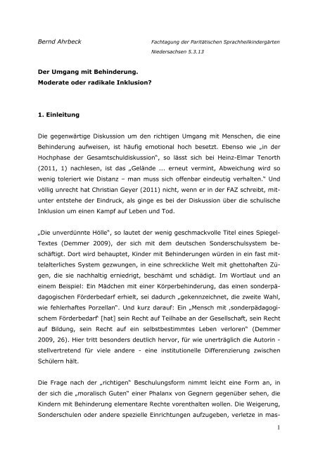 Der Umgang mit Behinderung. Moderate oder radikale Inklusion