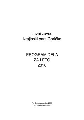 Javni zavod Krajinski park GoriÄko PROGRAM DELA ZA LETO 2010