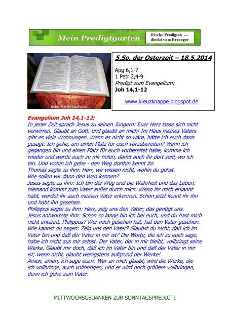 PREDIGT -- 5.Sonntag der Osterzeit (A) --- 18.5.2014