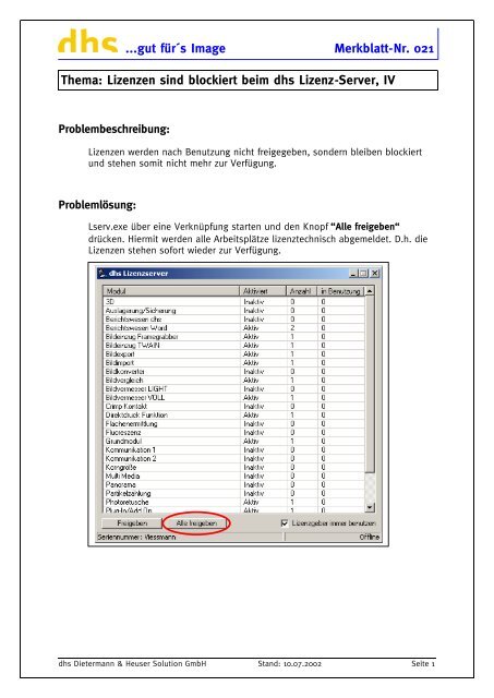 Lizenzen sind blockiert (dhs Lizenz-Server