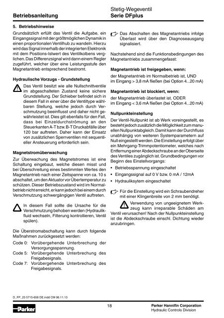 Stetig-Wegeventil Betriebsanleitung Serie DFplus - Parker