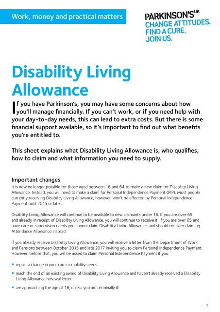 Disability Living Allowance Information Sheet PDF Parkinson s UK Disability Living Allowance Information Sheet PDF Parkinson s UK
