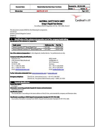 MATERIAL SAFETY DATA SHEET Strep A Rapid Test Device Strep ...