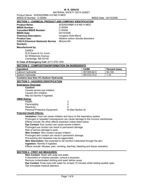 SODASORBÂ® 4-8 IND H MED MSDS ID Number