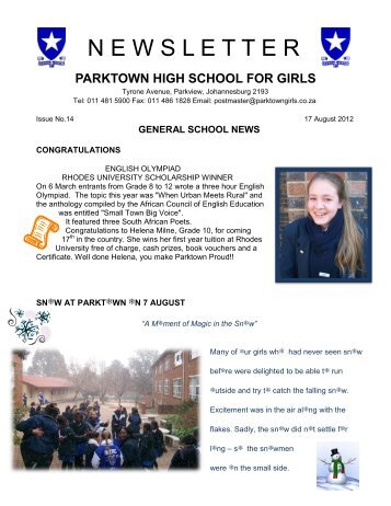 Newsletter 14 : 17 August 2012 - Parktown High School for Girls