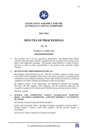 MINUTES OF PROCEEDINGS - ACT Legislative Assembly