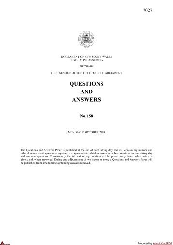 Questions & Answers Paper No. 158 - Parliament of New South ...